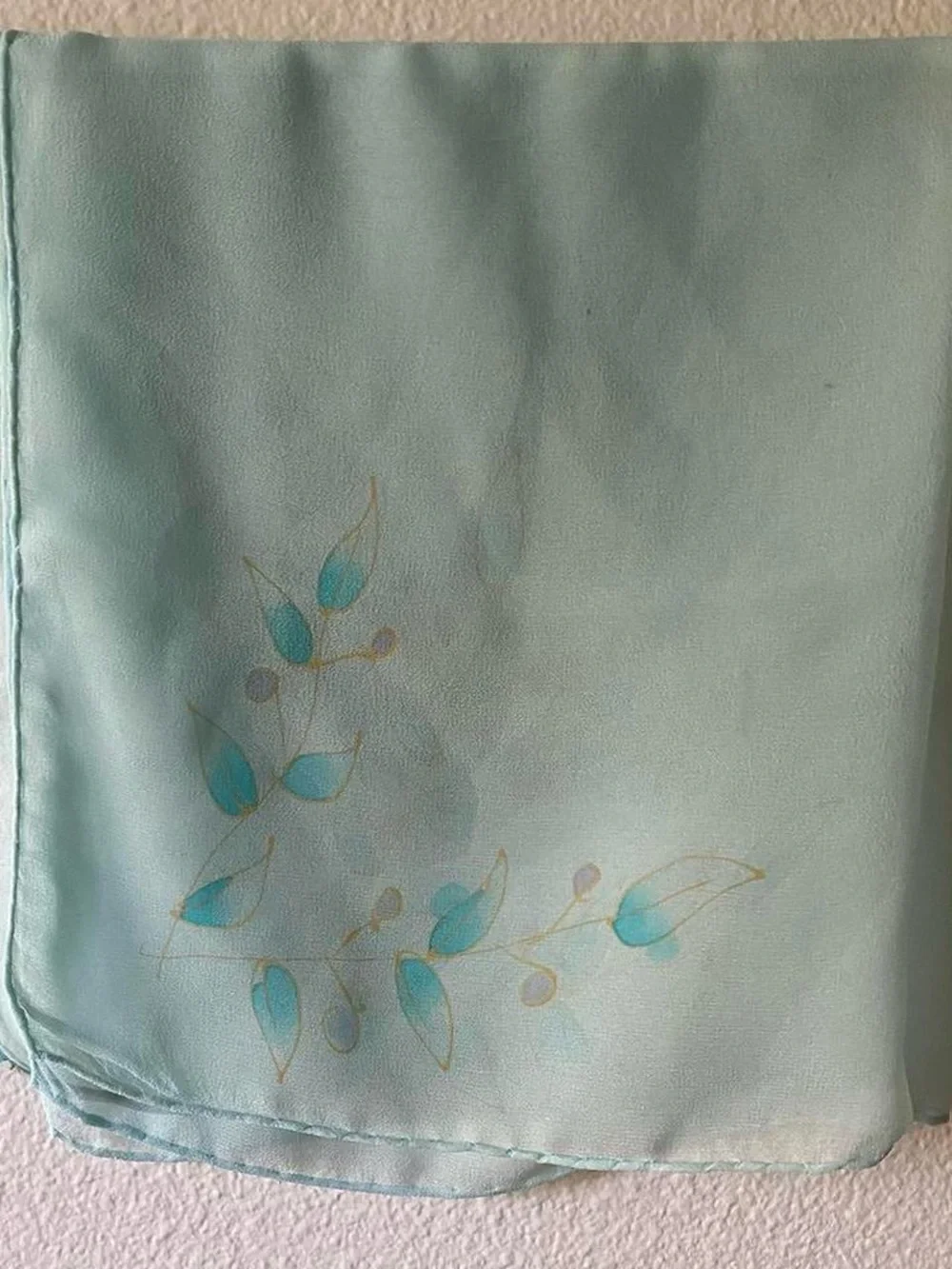 Light Aqua Silk Scarf with Teal Leaf Motif